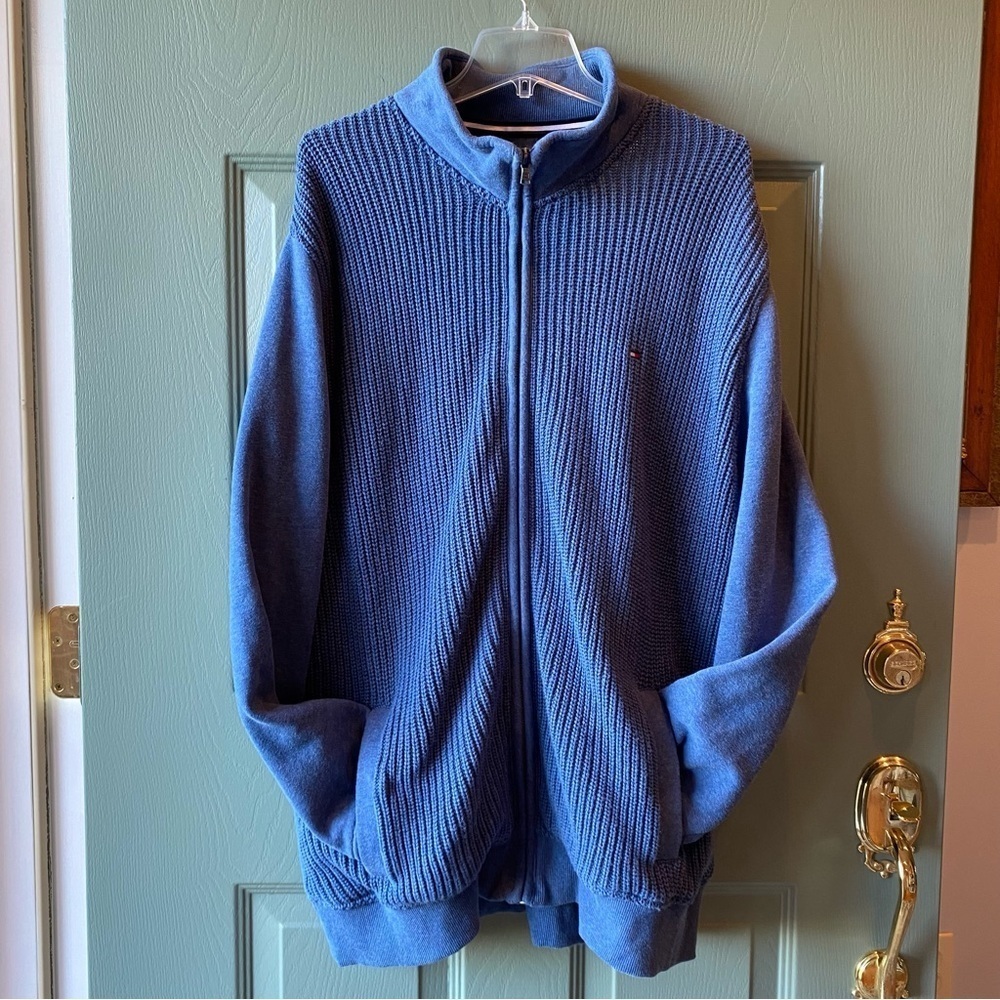 Men's TOMMY‎ HILFIGER Flag Logo Knit Fleece Full Zip Sweater Jacket Size XXL